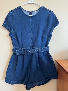 Free People Indigo Denim Short-Sleeve Romper with Belt